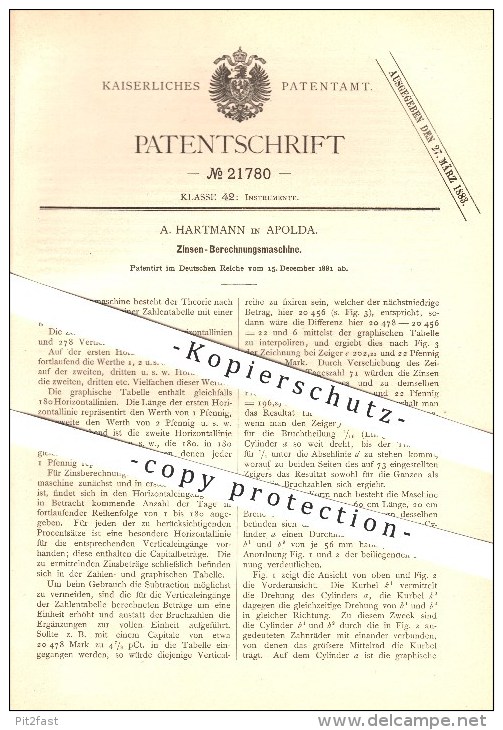 Original Patent - A. Hartmann In Apolda , 1881 , Zinsen-Berechnungsmaschine , Mathematik !!! - Historische Dokumente