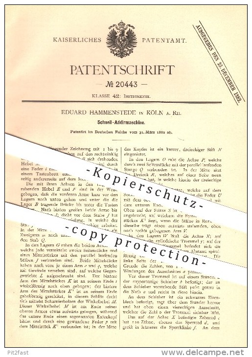 Original Patent - Eduard Hammenstede In Köln A. Rh. , 1882 , Schnell-Addiermaschine , Rechnen , Mathematik !!! - Historische Dokumente