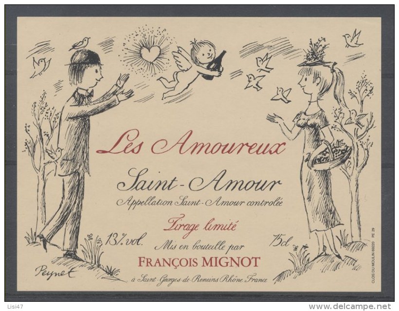 ÉTIQUETTE Neuve VIN SAINT AMOUR LES AMOUREUX SIGNÉE DE L´ILLUSTRATEUR PEYNET / WINE LABEL WEINETIKETTE - Koppels