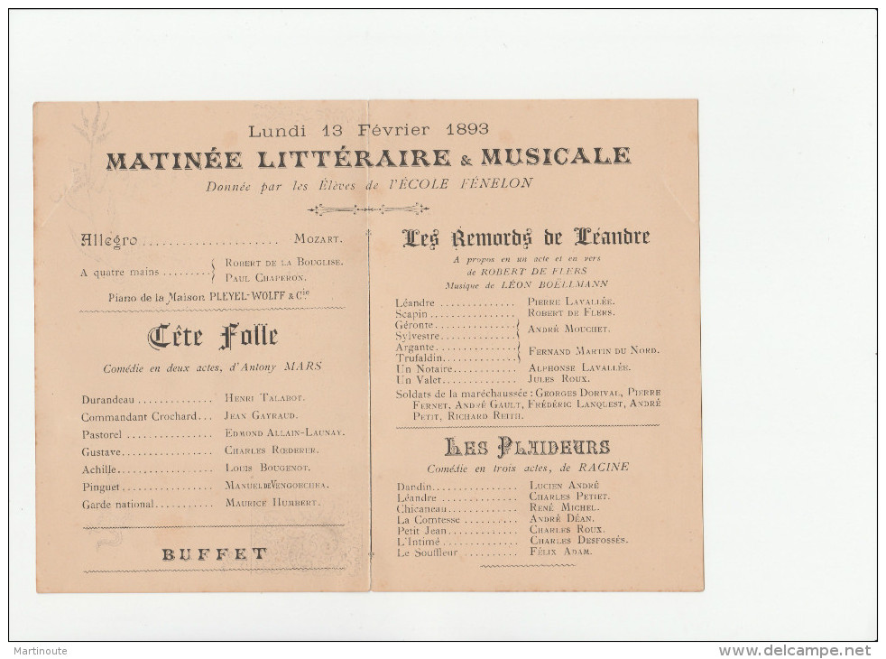 - Beau Programme Littéraire Et Musical, école FENELON - 13 Février 1893  - 008 - Programmes