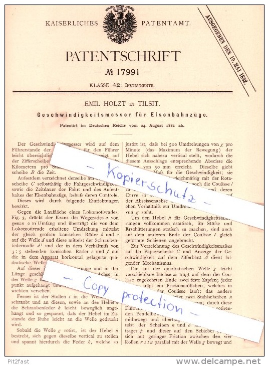 Original Patent - Emil Holzt In Tilsit / Sowetsk ,1881, Geschwindigkeitsmesser Für Eisenbahnzüge , Russland , Ostpreußen - Ostpreussen