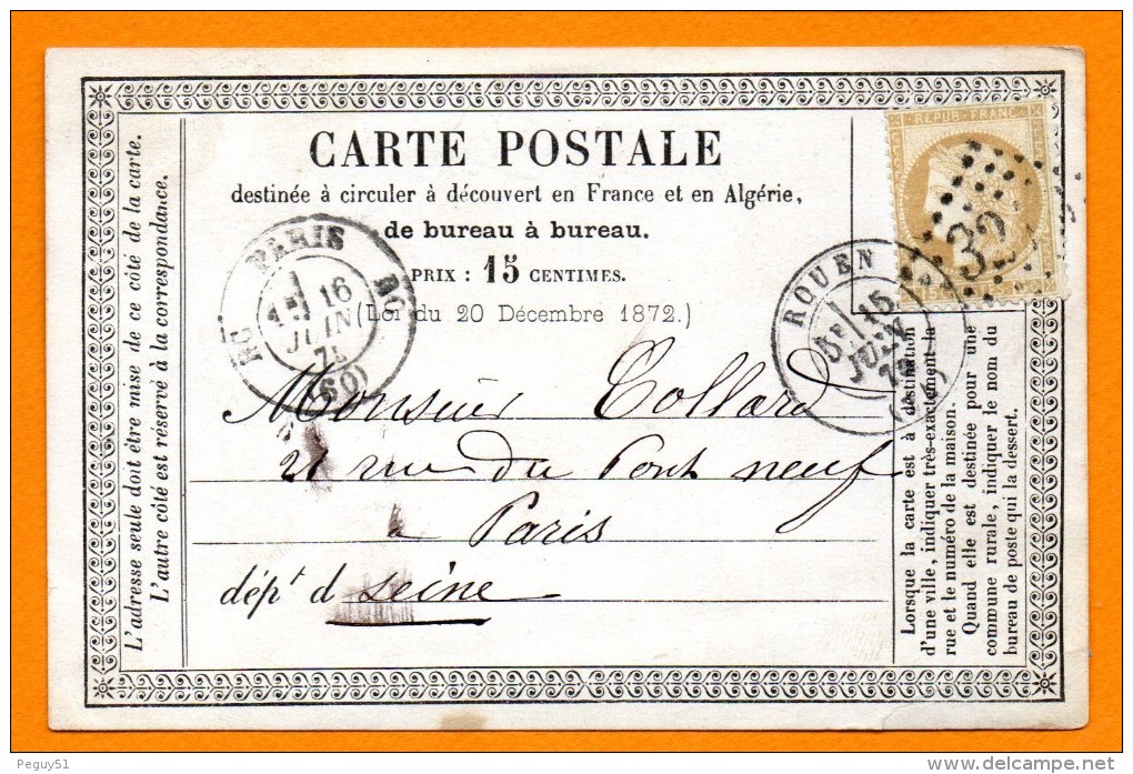 76. Rouen. Carte Postale Type 1873. N°. 10.Cadre B.Losange Gros Chiffres 3219. Rouen-Paris  1875 - Rouen