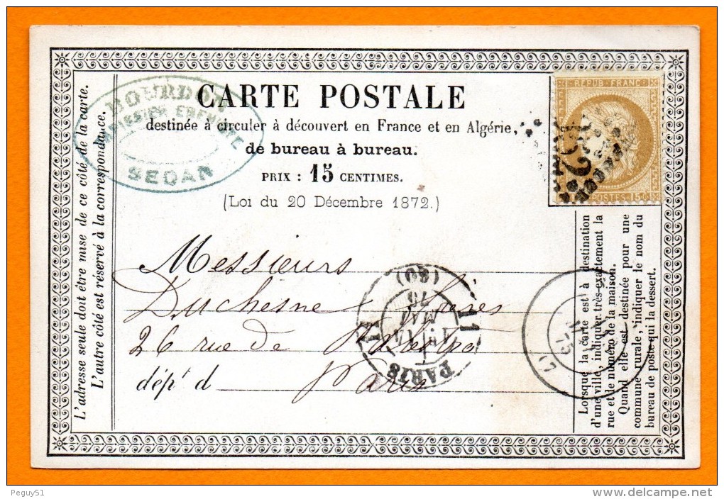 08. Sedan. Carte Postale Type 1873. N°. 10.Cadre B.Losange Gros Chiffres3352. Sedan-Paris  1875 - Sedan