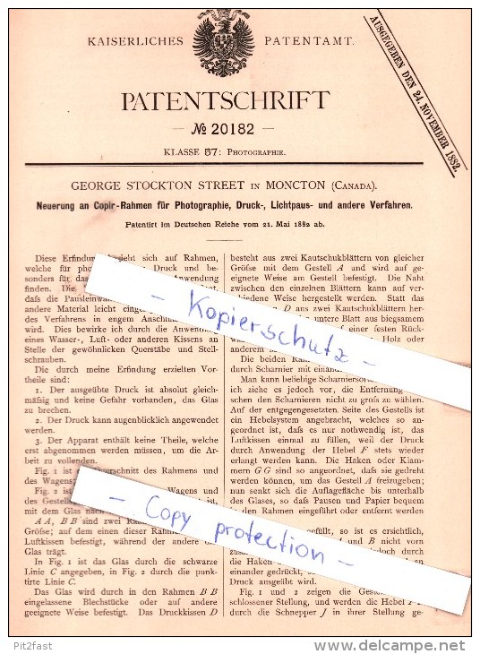 Original Patent - George Stockton Street In Moncton , Canada , 1882 , Copir-Rahmen !!! - Documents Historiques