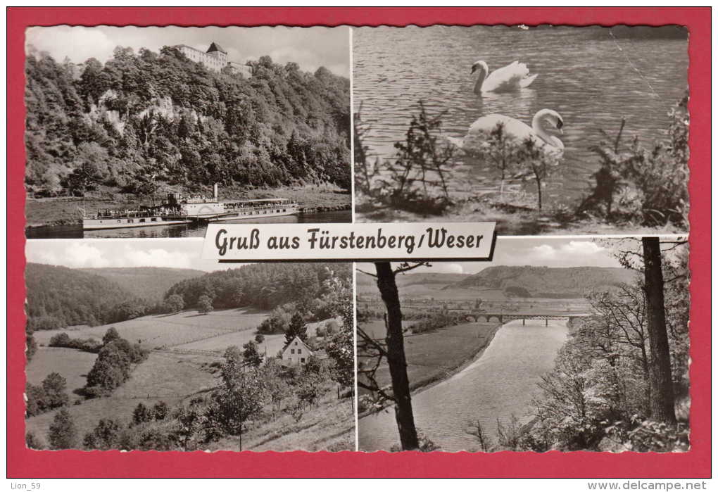 169608 / GRUSS AUS Fürstenberg An Der Weser - RIVER SHIP , LAKE SWAN , BRIDGE , HOUSE - Germany Allemagne Deutschland - Fürstenberg