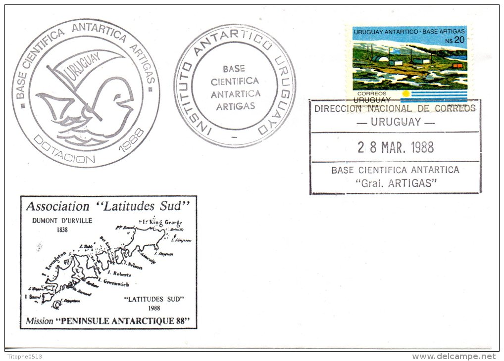 URUGUAY. Enveloppe Polaire De 1988. Base Scientifique Artigas/Baleine. - Bases Antarctiques