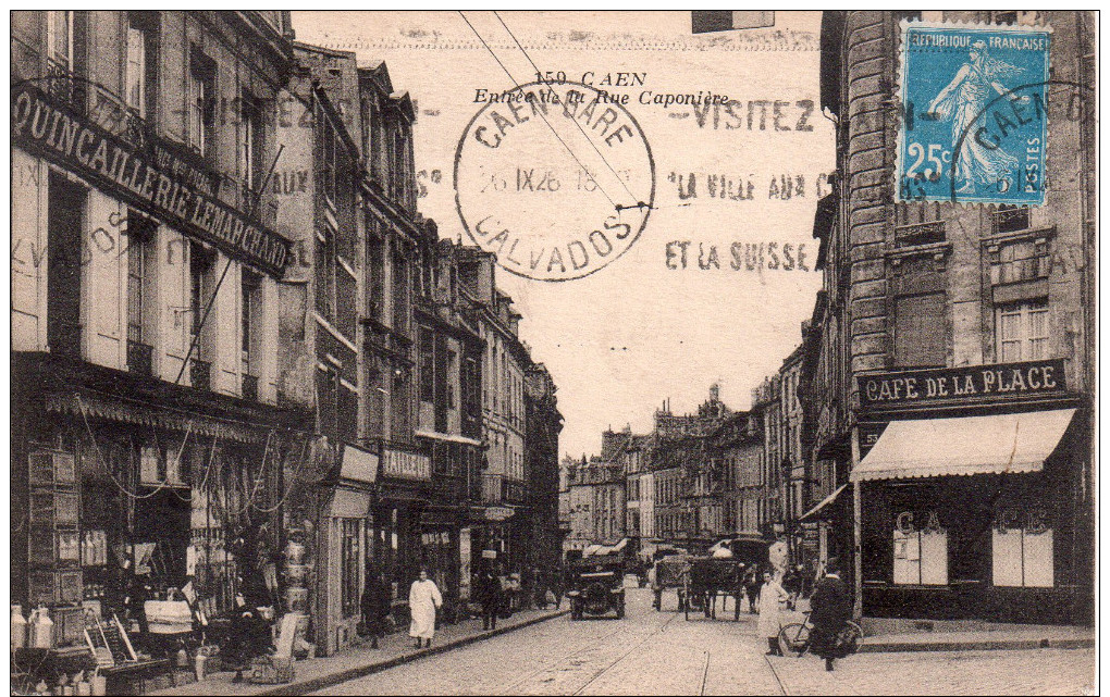 Cpa  14  Caen , L'entree De La Rue Caponiere , Belle Devantures Commerces Animees - Caen