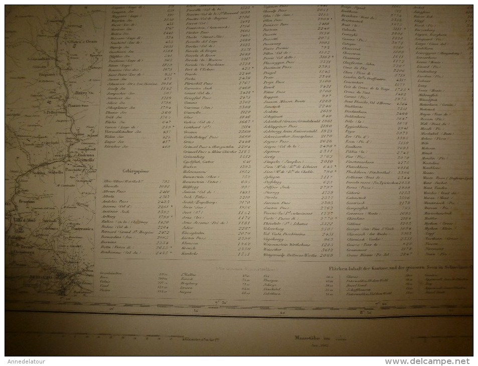 1864 ?  SUISSE-ITALIE :Eidgenossisches Militair Archiv  (Hauteurs Points Culminants) Dim. Hors-tout = 87cm X 67cm - Geographical Maps