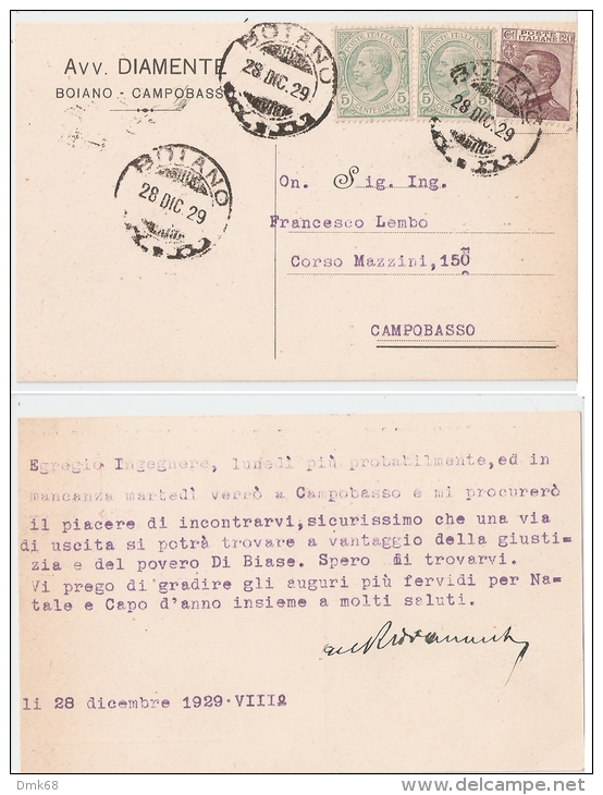 BOIANO ( CAMPOBASSO ) AVV. DIAMANTE - TESTATINA PUBBLICITARIA AUTOGRAFA -  1929 - Campobasso