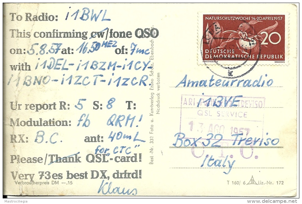 RADIOAMATORE  QSL Carte  I1BWL  LÖBAU I. SA.  DDR  Deutsch Briefmarke - Radio