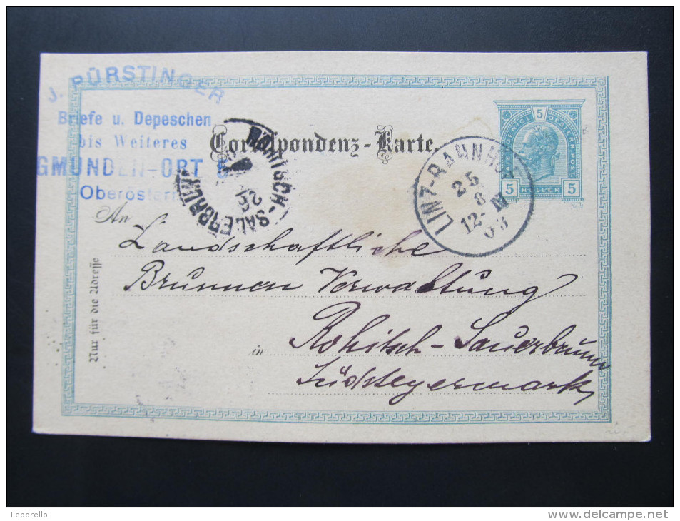 Postkarte GANZSACHE GMUNDEN  - Rohitsch Sauerbrunn 1903 J.Pürstinger  ///  D*16072 - Briefe U. Dokumente