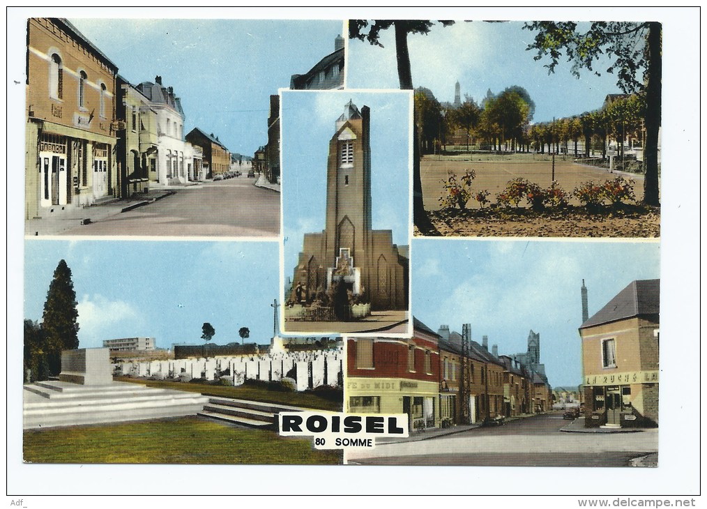 CP MULTIVUES ROISEL, CAFE TABAC, CIMETIERE ANGLAIS, MAGASINS COMMERCES, EGLISE, SOMME 80 - Roisel