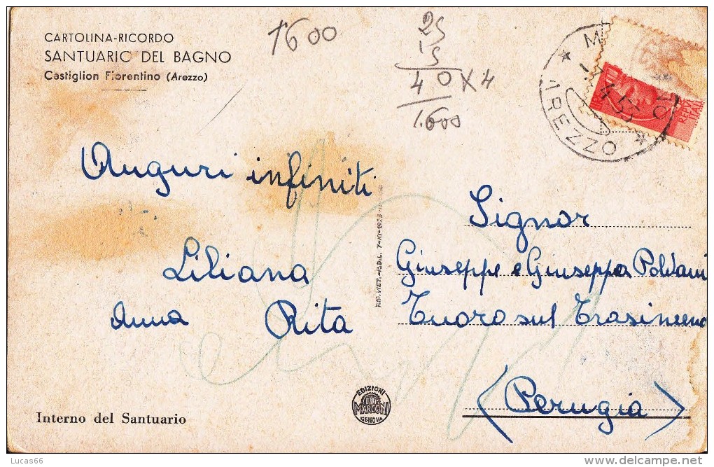 1955 CARTOLINA RICORDO SANTUARIO DEL BAGNO - CASTIGLION FIORENTINO - Altri & Non Classificati