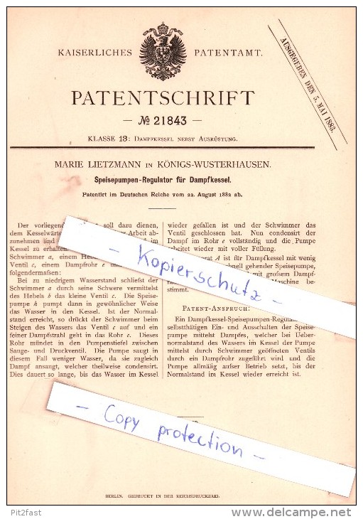 Original Patent - M. Lietzmann In Königs-Wusterhausen , 1882 , Dampfkessel !!! - Koenigs-Wusterhausen