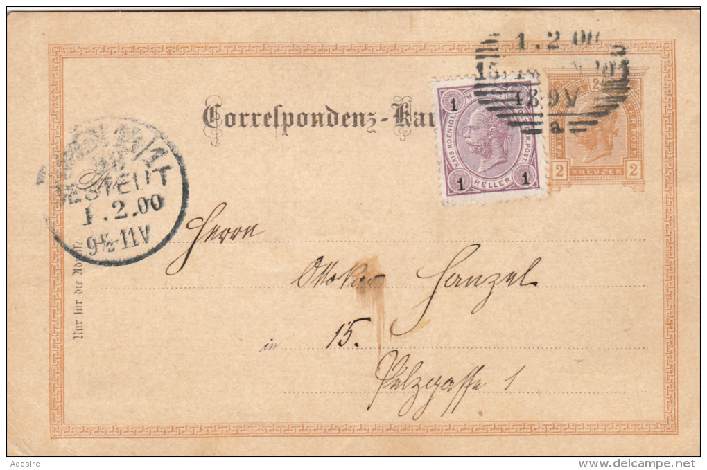 ÖSTERREICH 1900 - 2 Kreuzer Ganzsache + 1 Heller Zusatzfr. Auf Pk Gel.1900 - Briefe U. Dokumente