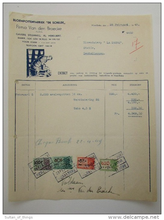 Facture Invoice Bloempotten Fabriek De Schelde Merelbeke Gent Gand 1948 - 1900 – 1949