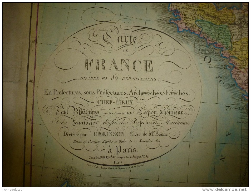 1820 Carte de FRANCE couleurs (divisée en 86 dépts :Péfectures,S-Préfectures,Archevêchés,Evêchés,CHEF-LIEUX ..etc