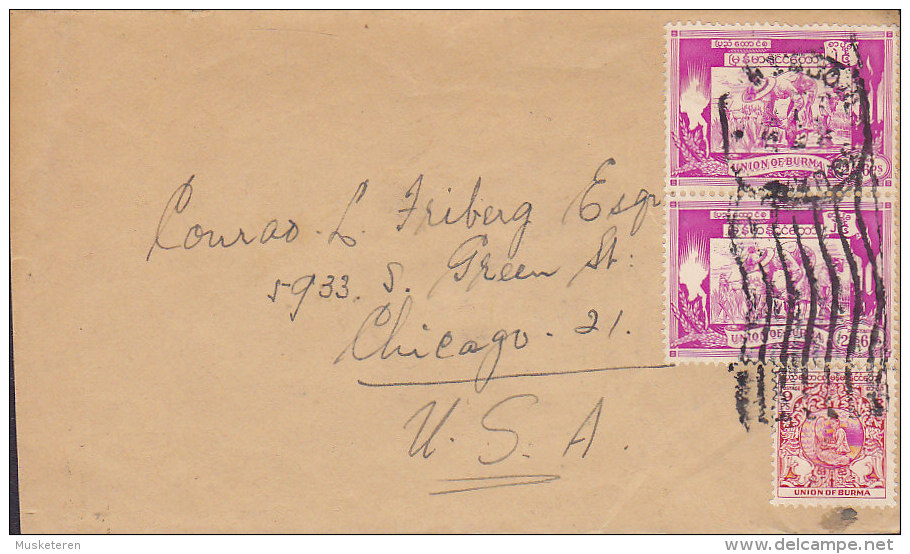 Burma Cover Brief To CHICAGO United States 2x 2/6' Reispflanzer & 9 P. Musikerin Stamps - Myanmar (Burma 1948-...)