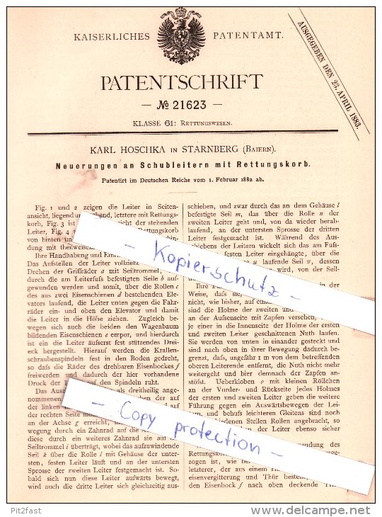 Original Patent - K. Hoschka In Starnberg , Bayern  1882 , Schubleitern Mit Rettungskorb !!! - Starnberg