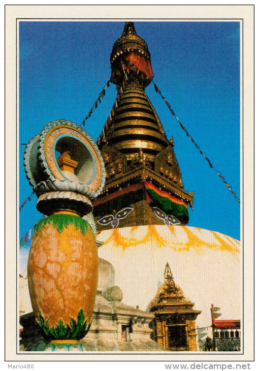 NEPAL  SWAYAMBHUNATH:  IL GRANDE STUPA   (NUOVA CON DESCRIZIONE DEL SITO SUL RETRO) - Nepal