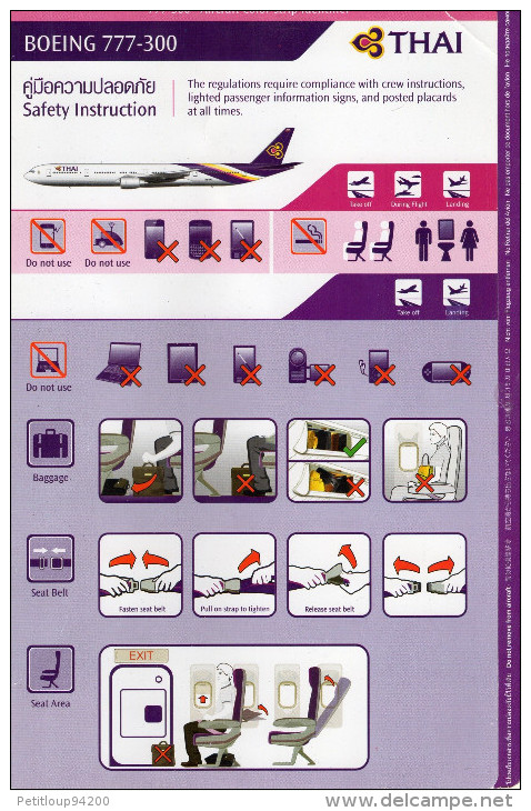 CONSIGNES DE SECURITE / SAFETY CARD    BOEING 777-300  Thai - Scheda Di Sicurezza