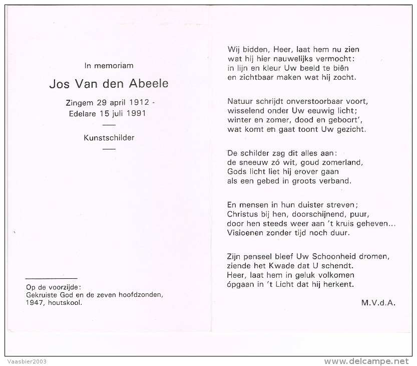 ZINGEM - EDELARE - Doodsprentje Van Jos VAN Den ABEELE - KUNSTSCHILDER  + 1991 - Godsdienst & Esoterisme