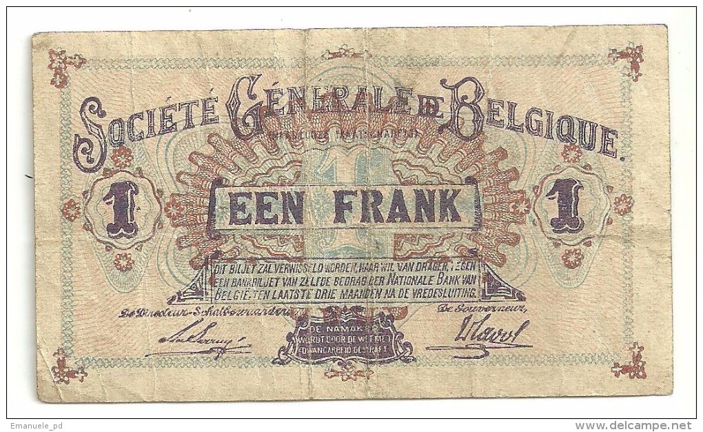 Belgium 1 Franc Societe Generale Belgique 13/9/1916 - 1-2 Francs