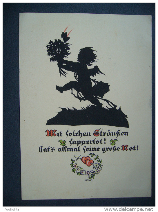 Germany: KIND MIT STRAUß UND HERZCHEN - Illustrator - Scherenschnitt - Georg Plischke - Posted 1926 - Silhouettes