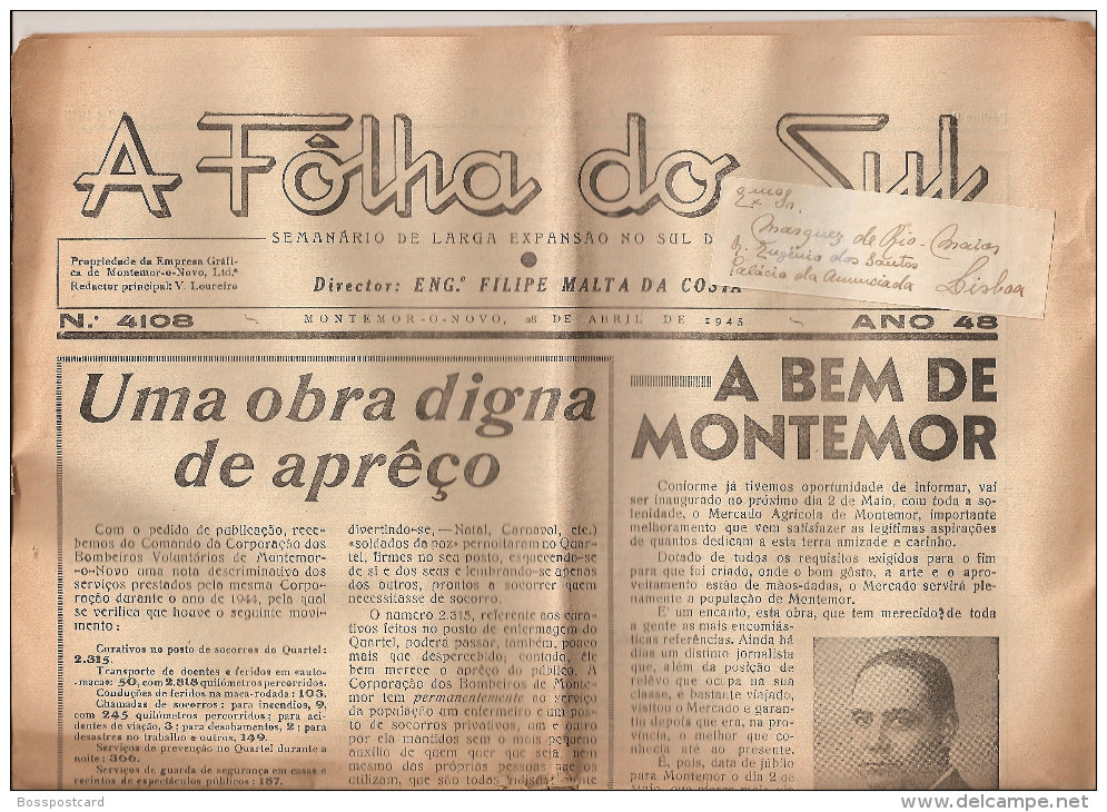 Montemor-o-Novo - Jornal "A Folha Do Sul" Nº 4108 De 28 De Abri De 1948 - Suplemento "Toiros E Cavalos". Évora. - Magazines