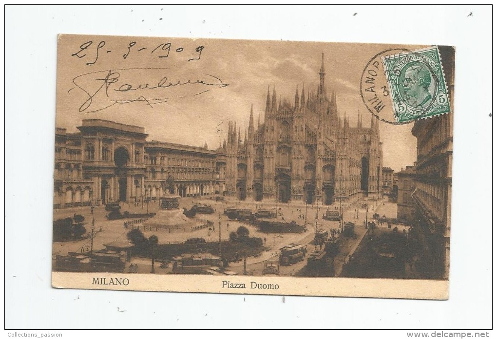 Cp , ITALIE , MILANO , Piazza DUOMO , Voyagée 1909 , Ed : Grassi - Milano
