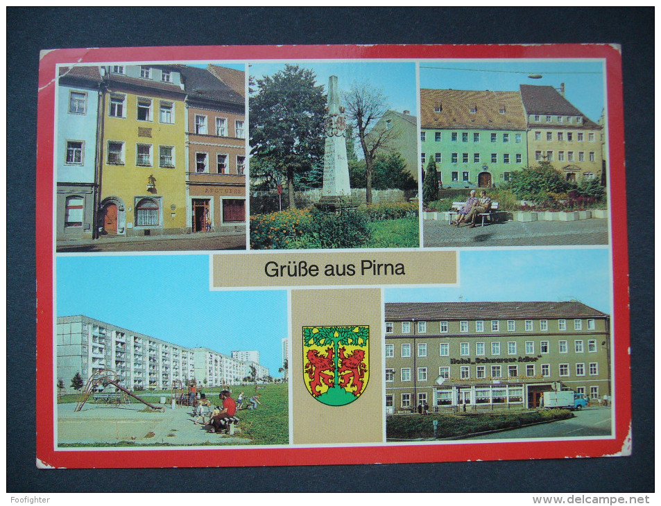 Germany DDR: PIRNA - Postmeilensäule. Markt. Sonnenstein. Hotel "Schwarzer Adler" - Posted 1980s - Pirna