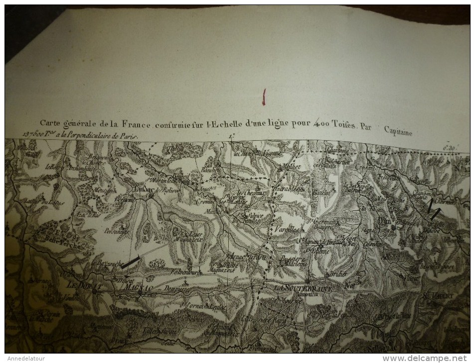 1820 Carte Générale de la FRANCE par Capitaine :reférence CLERMONT (points du quadrilatère:Magnac,Jullie,Baix,Monrazier