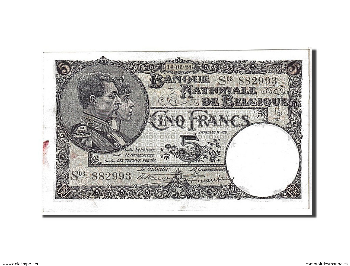 Billet, Belgique, 5 Francs, 1924, KM:93, TTB - 5 Franchi