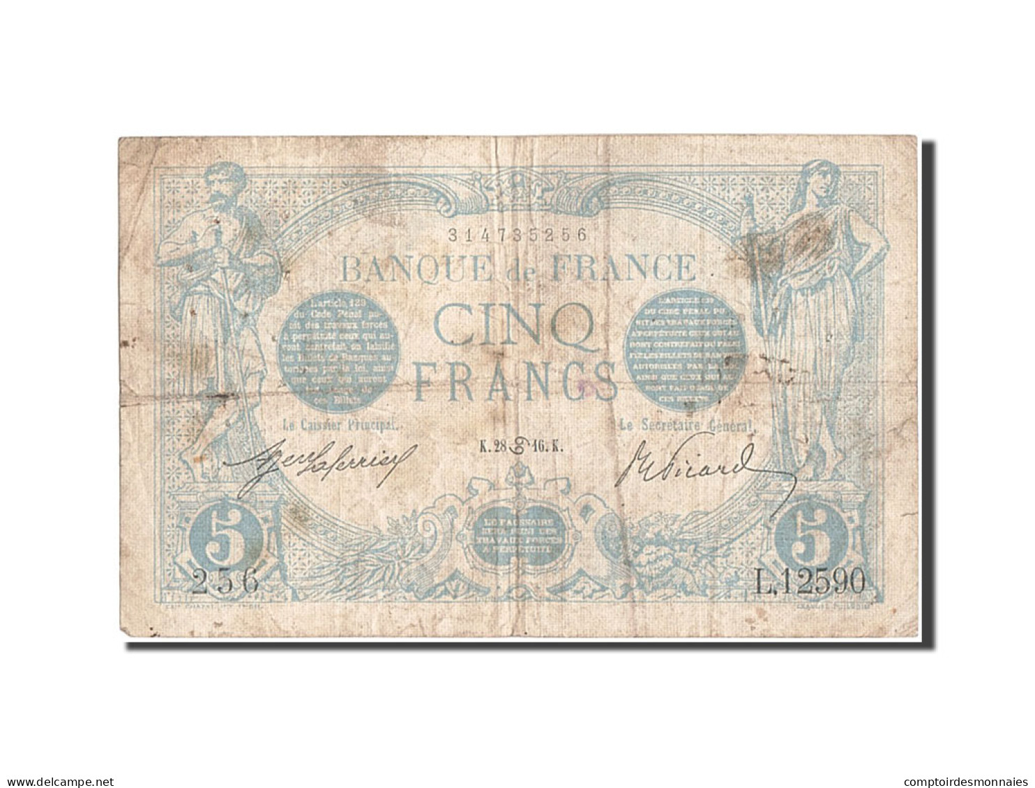 Billet, France, 5 Francs, 5 F 1912-1917 ''Bleu'', 1916, 1916-06-28, TB - 5 F 1912-1917 ''Bleu''