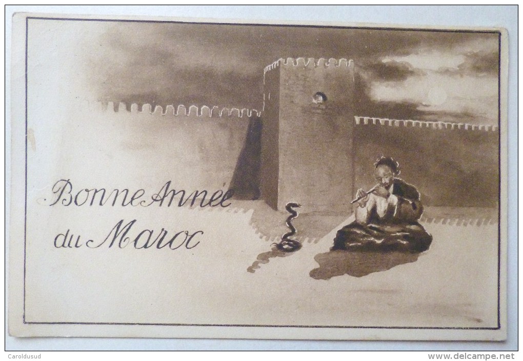 Rare Cpa Litho Illustrateur FLANDRIN Charmeur De Serpent Murail Souvenir Bonne Annee Du Maroc Ecrite Wouarzazat 1934 - Autres & Non Classés