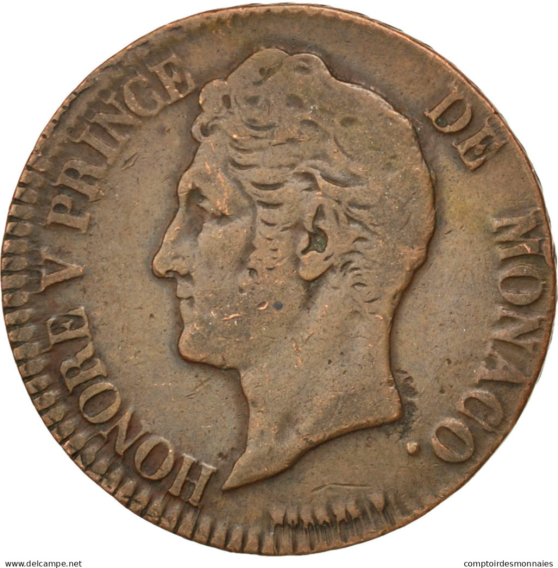 Monnaie, Monaco, Honore V, 5 Centimes, Cinq, 1837, Monaco, TB+, Cuivre - Charles III.