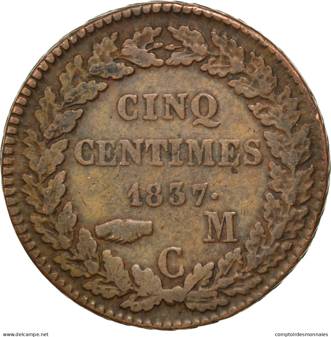 Monnaie, Monaco, Honore V, 5 Centimes, Cinq, 1837, Monaco, TB+, Cuivre - 1819-1922 Onorato V, Carlo III, Alberto I