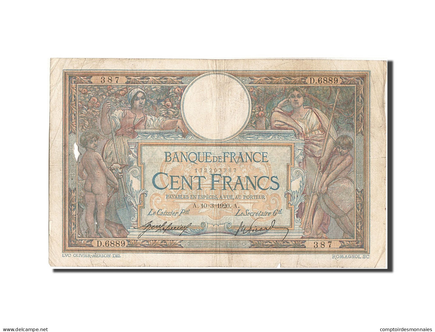 Billet, France, 100 Francs, 100 F 1908-1939 ''Luc Olivier Merson'', 1920 - 100 F 1908-1939 ''Luc Olivier Merson''