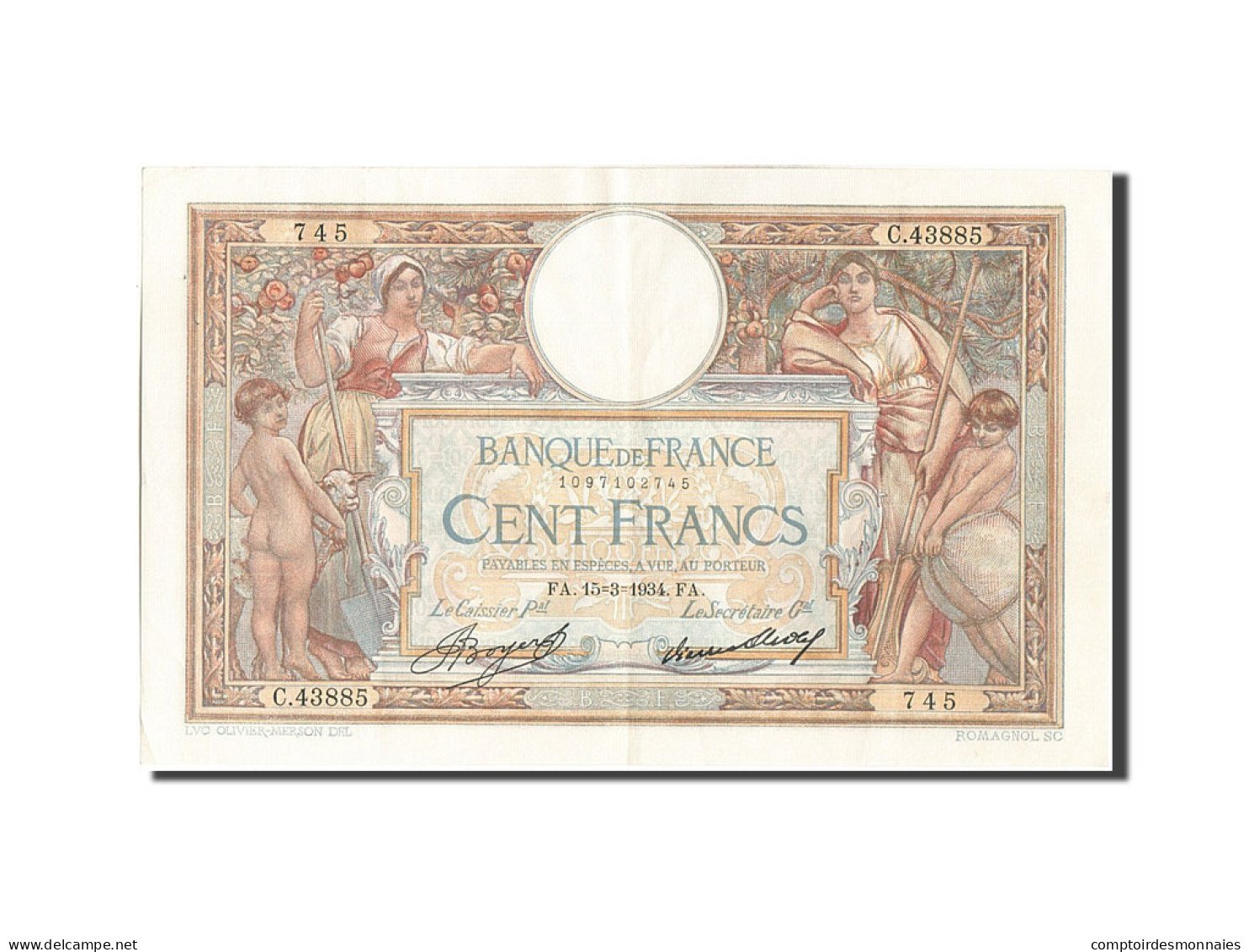 Billet, France, 100 Francs, 100 F 1908-1939 ''Luc Olivier Merson'', 1934 - 100 F 1908-1939 ''Luc Olivier Merson''