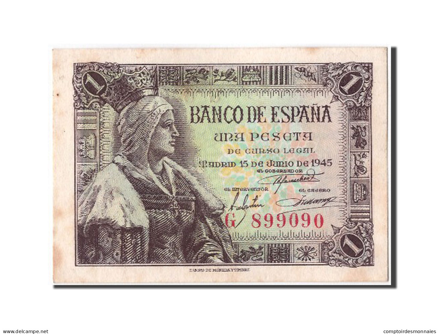 Billet, Espagne, 1 Peseta, 1945, 1945-06-15, SPL - 1-2 Pesetas