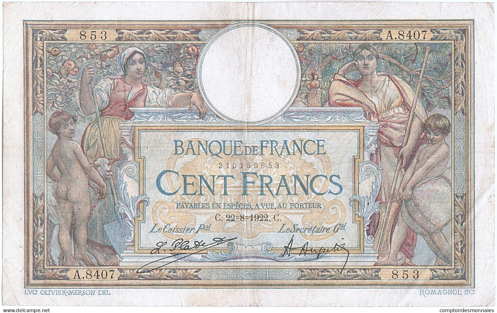 Billet, France, 100 Francs, 100 F 1908-1939 ''Luc Olivier Merson'', 1922 - 100 F 1908-1939 ''Luc Olivier Merson''