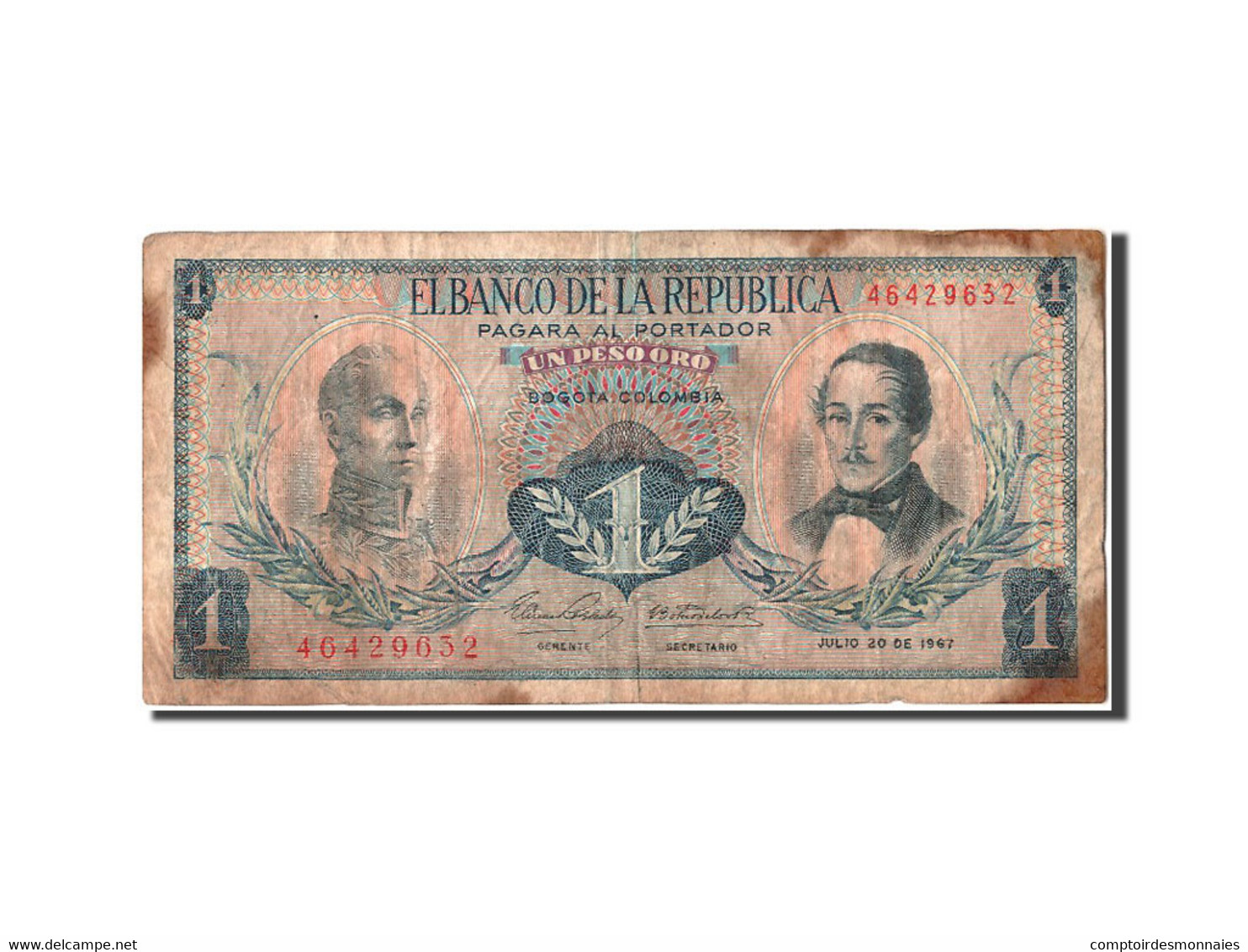 Billet, Colombie, 1 Peso Oro, 1967, 1967-07-20, TB - Colombie