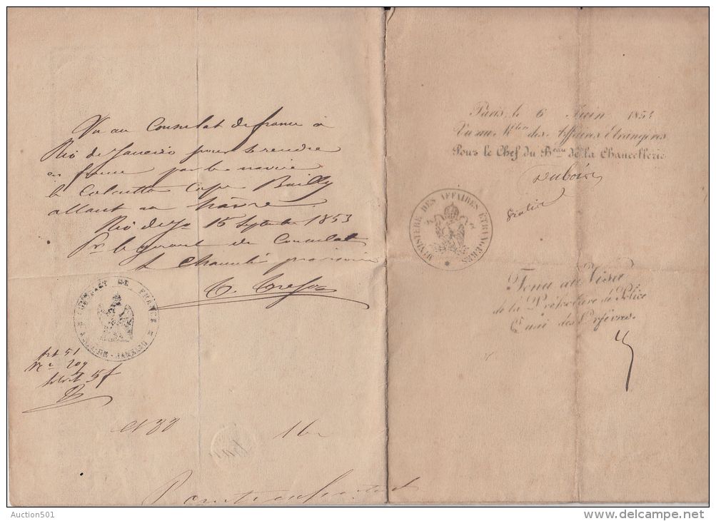 22972 Imperio Do BRAZIL PASSAPORTE PASSPORT 1843 Consulat De France Rio De Janeiro Transit Paris Havre Vannes - Altri Disegni