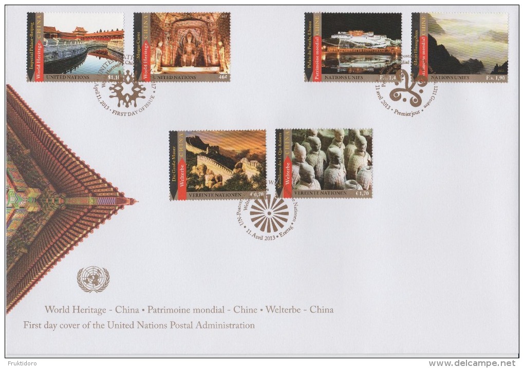 United Nations Cancellations Vienna, Geneva And NY - 2013 - FDC World Heritage - Imperial Palace Beijing - Mogao Caves - Gemeinschaftsausgaben New York/Genf/Wien