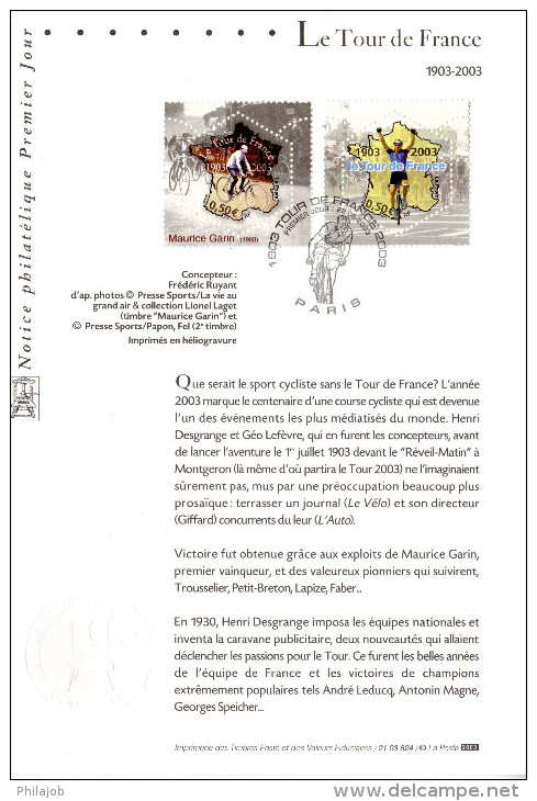 France 2003 : Notice Officielle 21 03 824 " 100 ANS DU TOUR DE FRANCE " N° YT 3582 3583 - Radsport