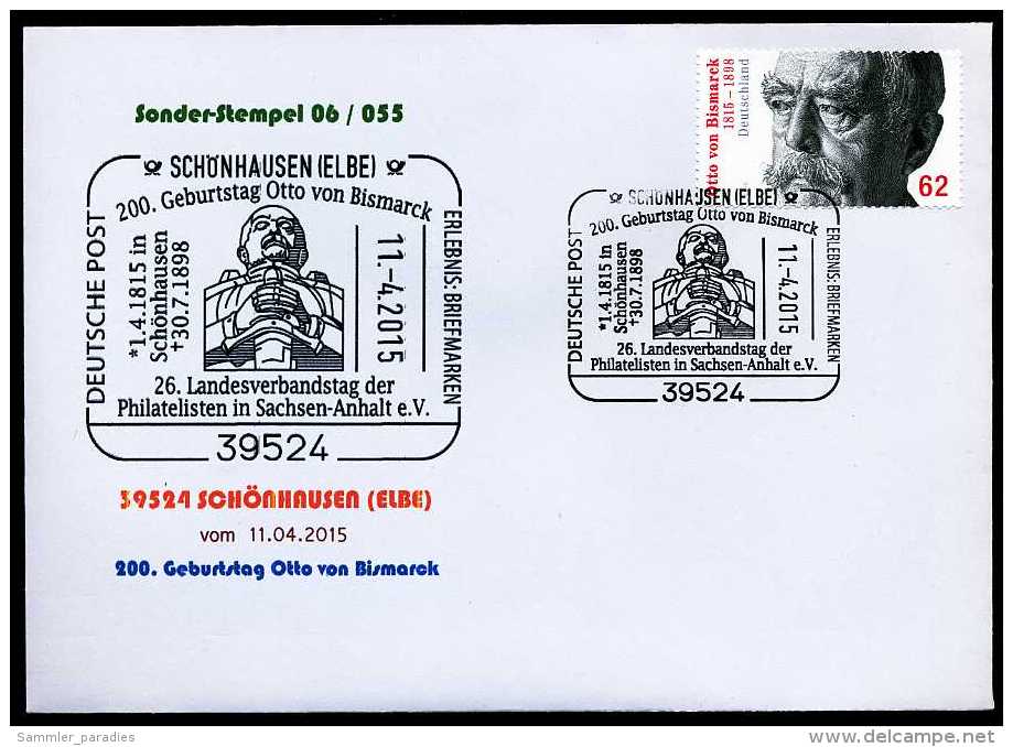 34549) BRD - SoST-Brief 06/055 - 39524 SCHÖNHAUSEN (ELBE) Vom 1104.2015 - 62C Otto Von Bismarck - Macchine Per Obliterare (EMA)