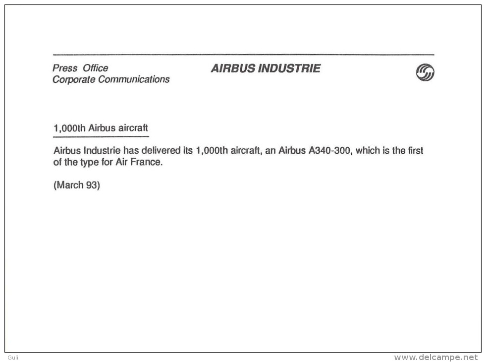 AVION - Aviation  Photo 13 X18 Cms- AIR FRANCE -AIRBUS A340-300- Airbus Industrie Has Delivered Its 1,000th  Aircraft, - Aviazione