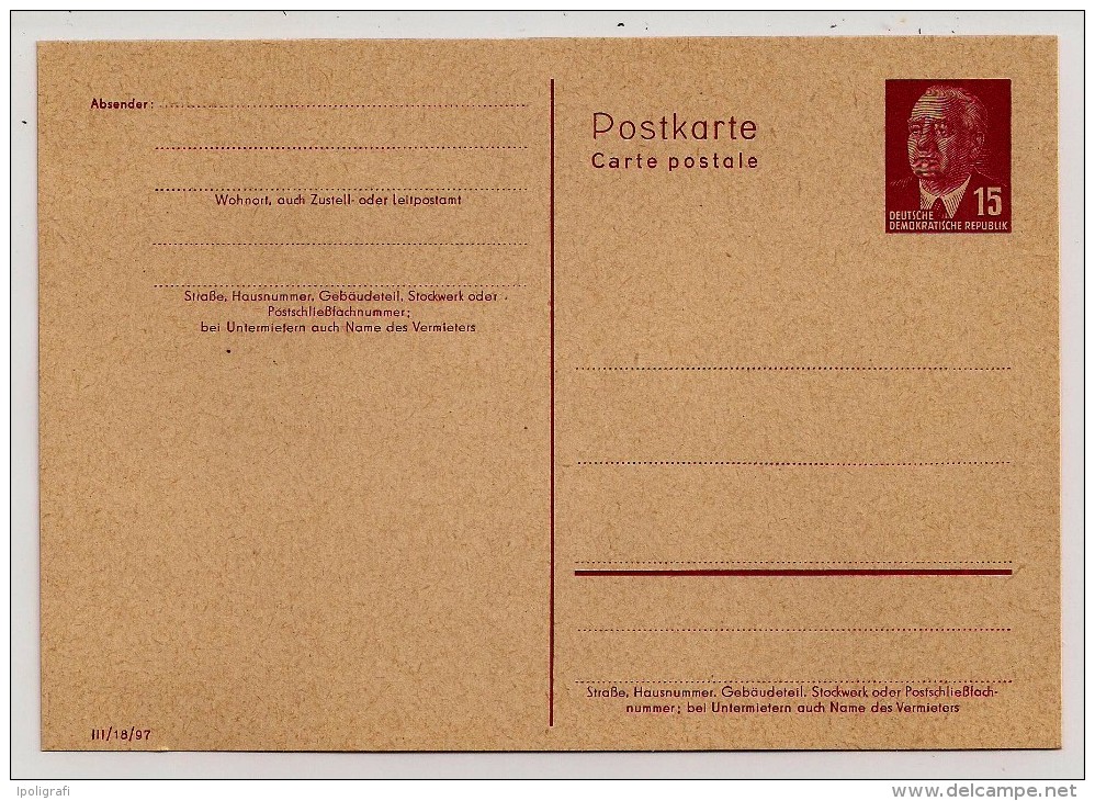 DDR, 1956, Postal Card, Wilhelm Pieck, 15 Pf. Auslandporto, Unused - Postcards - Mint