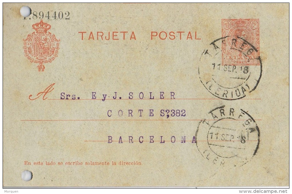 12590. Entero Postal TARREGA (Lerida) 1918, Num 49 - 1850-1931