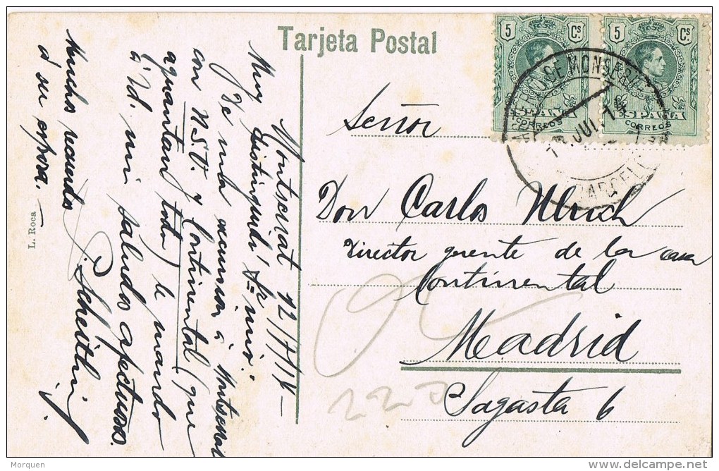 12593. Postal MONTSERRAT (Barcelona) 1914. Fechador Monasterio - Covers & Documents